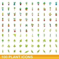 100 plant icons set, cartoon style vector