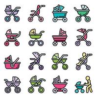 Pram icons set, outline style vector