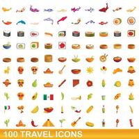 100 travel icons set, cartoon style vector