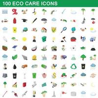 100 iconos de cuidado ecológico, estilo de dibujos animados vector