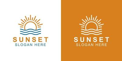 brightening Sun or sunrise in beach with wave, sunset flare light bright shine logo design for summer and vacation vector