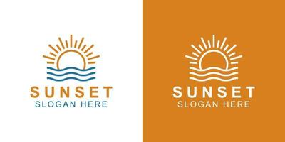 brightening Sun or sunrise in beach with wave, sunset flare light bright shine logo design for summer and vacation vector