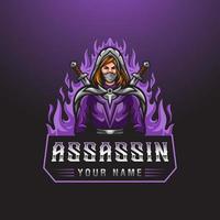 Assassin woman character with two swords and fire background for esport gaming mascot logo template vector
