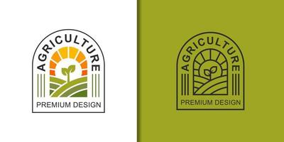 granja ecológica con logotipo de planta. jardín de agricultores agrícolas con sol naturaleza plantilla de vector de diseño de logotipo lineal