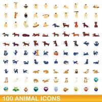 100 animales, conjunto de iconos de estilo de dibujos animados vector