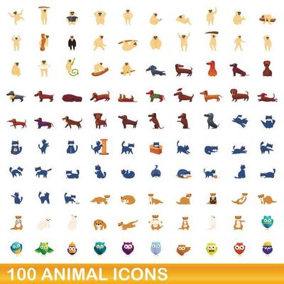 100 animal icons set, cartoon style