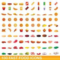 100 iconos de comida rápida, estilo de dibujos animados vector