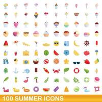 100 summer icons set, cartoon style vector