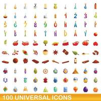 100 universal icons set, cartoon style vector