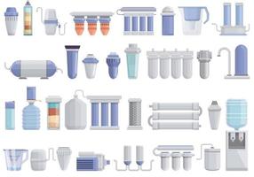 Equipment for water purification icons set, cartoon style vector