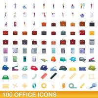 100 office icons set, cartoon style vector
