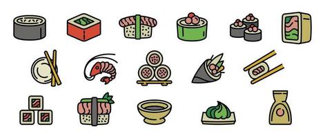 Sushi roll icons set, outline style vector