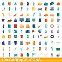 100 garbage icons set, cartoon style