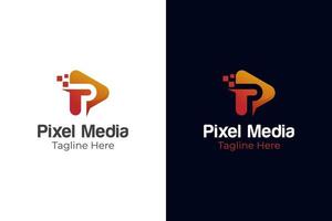 pixel play media logo design with letter p symbol for studio music, video player multimedia gradient icon vector