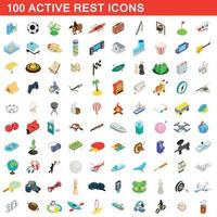 100 active rest icons set, isometric 3d style vector