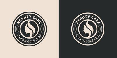 vintage beauty care with female face, hair style , hand care badge emblem beauty logo for salon vector