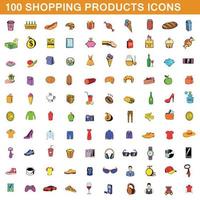 100 shopping products icons set, cartoon style