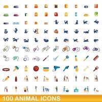100 animales, conjunto de iconos de estilo de dibujos animados