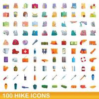 100 hike icons set, cartoon style vector