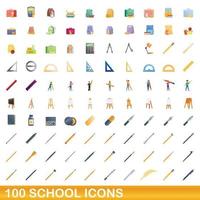 100 escuela, conjunto de iconos de estilo de dibujos animados vector