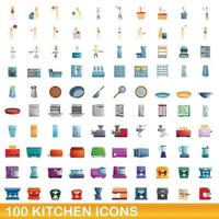 100 kitchen icons set, cartoon style vector