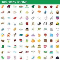 100 cozy icons set, cartoon style
