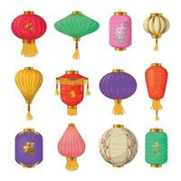 Chinese paper lanterns icons set, cartoon style