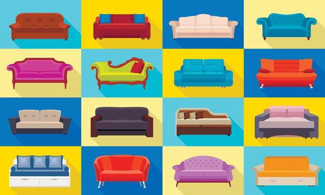 Sofa icons set, flat style