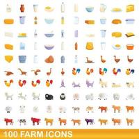 100 farm icons set, cartoon style vector