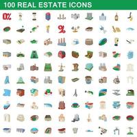 100 iconos de bienes raíces, estilo de dibujos animados vector