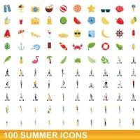 100 summer icons set, cartoon style vector