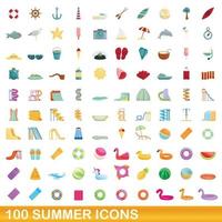 100 summer icons set, cartoon style vector