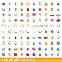 100 joyas, conjunto de iconos de estilo de dibujos animados vector