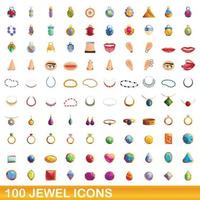 100 jewel icons set, cartoon style vector