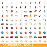 100 universal icons set, cartoon style vector