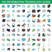 100 information technology icons set, cartoon style vector