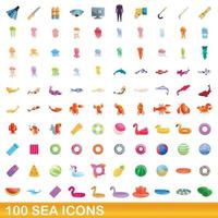 100 mar, conjunto de iconos de estilo de dibujos animados vector