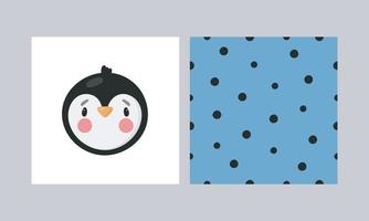 Vector print with cute Penguin and seamless pattern. Cartoon style.