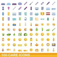 100 iconos de cuidado, estilo de dibujos animados