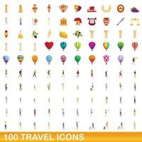 100 travel icons set, cartoon style vector