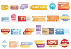 Promotional code icons set cartoon vector. Coupon discount vector