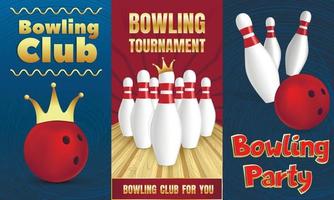 Bowling party banner set, realistic style vector