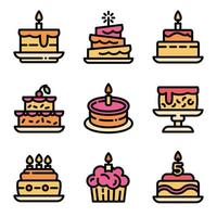 Cake birthday icons set, outline style vector