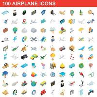 100 airplane icons set, isometric 3d style vector
