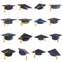 Graduation hat icons set, cartoon style vector