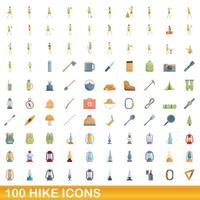 100 hike icons set, cartoon style vector
