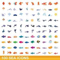100 sea icons set, cartoon style vector