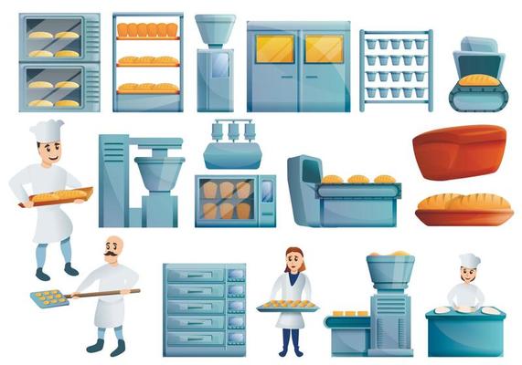 Bakery factory icons set, cartoon style