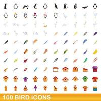 100 iconos de aves, estilo de dibujos animados vector