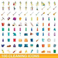 100 iconos de limpieza, estilo de dibujos animados vector